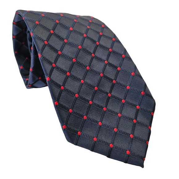 70s Wemlon by Wembley Tie Danbury Grid Red on Navy Washable Poly Mens 4"W x 28L - Picture 1 of 5